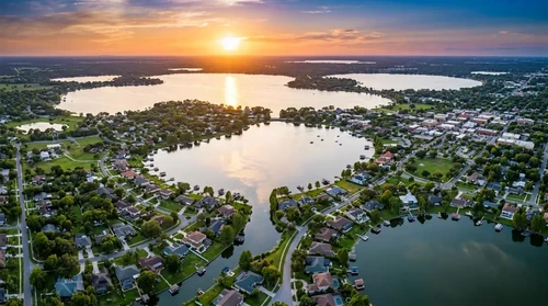 Aerial sunset view of Winter Haven, Florida, showcasing the Chain of Lakes surrounded by waterfront homes.
